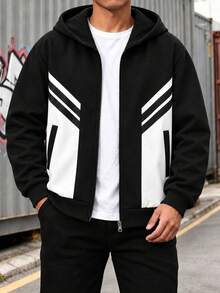 1pc Tween Boys Casual Minimalist Contrast Color Fleece Jacket, Suitable For Daily Casual, Travel, Sports, Spring/Autumn/Winter - Black - View 9