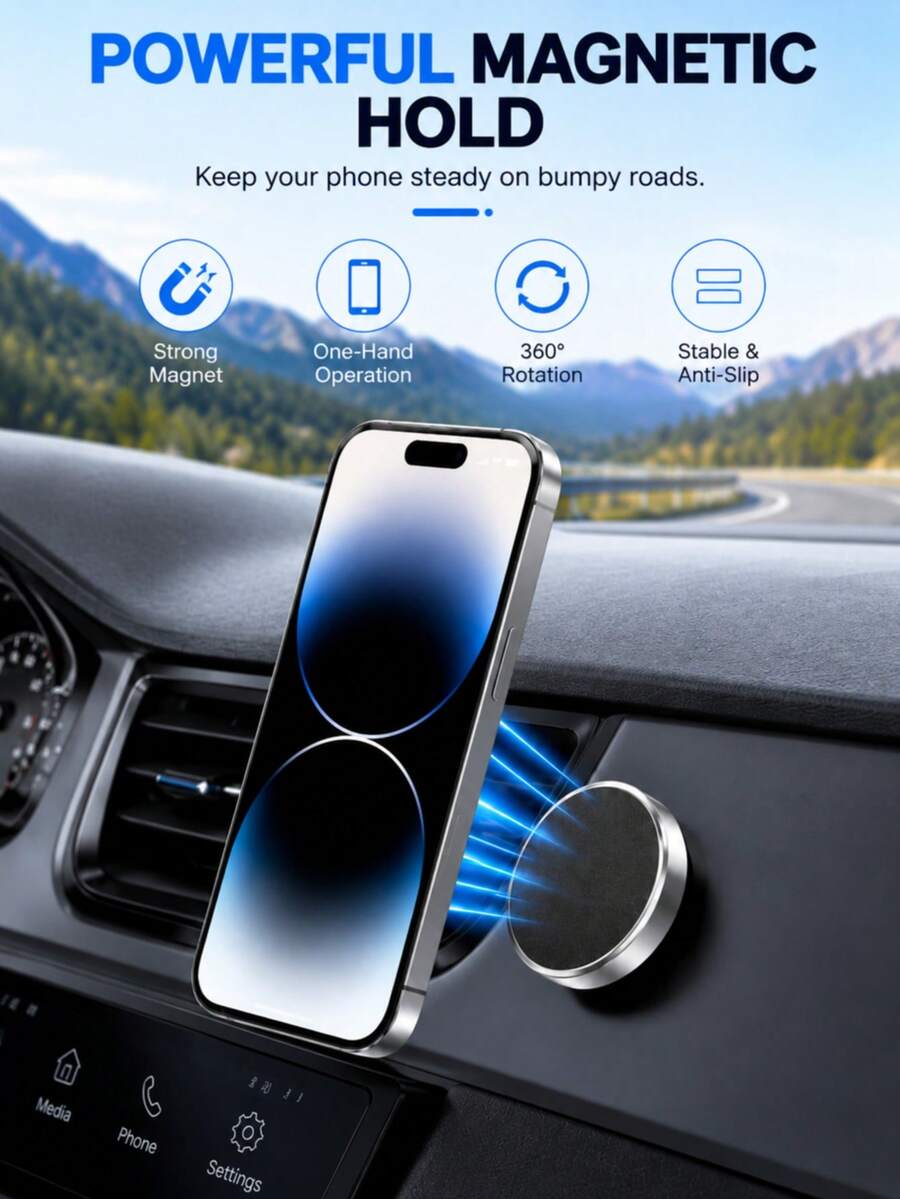 1pc Car Phone Holder Mini Ultra-Thin Magnetic 360° Rotating Dashboard Clip Strong Grip One-Hand Operation Compatible With IPhone And Android Phones Hands-Free Car Accessory Travel Essential Father's Day Gift Summer Road Trip