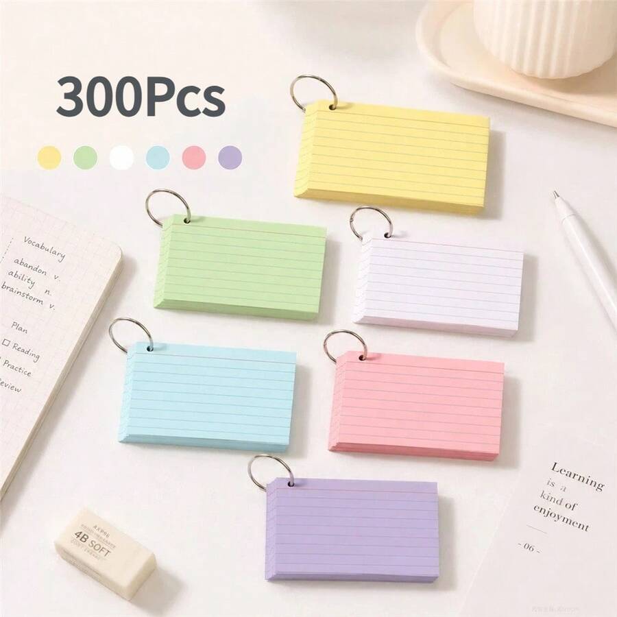 300pcs 3x5 Inch Colorful Index Cards, Ring Hole Punched Lined Study Cards, Suitable For School, College And Home Note-Taking - one-size - View 1