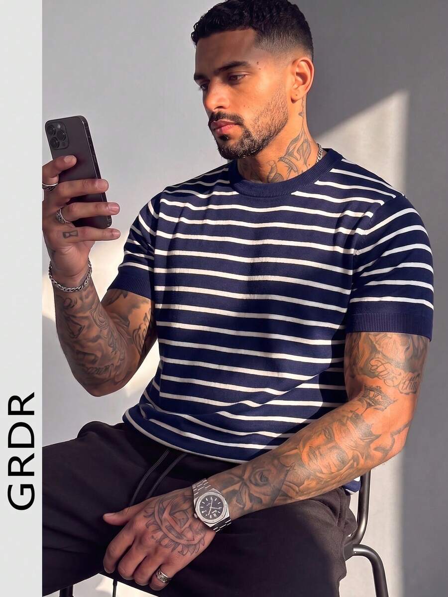GRDR 1pc Men's Summer To Early Autumn Round Neck Knitted Striped Short Sleeve Shirt, Casual Outdoor Wear