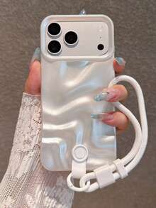 Elegant Pearl White 3D Wavy Wrist Strap Phone Case Compatible With IPhone 18 Pro Max/18 Pro/18/17 Pro Max/17 Pro/17/16 Pro Max/16/16 Pro/16 Plus/15/15 Pro Max/15 Pro/15 Plus/11/12/13/14 Pro Max/12 Pro/12 Pro Max/13 Pro/13 Pro Max/7 Plus/14 Pro/14 Pro Max/14 Plus, Luxury Design Style High-End Feel, Niche Luxury Goddess Style Full Coverage Anti-Drop Soft Shell, Precise Cutouts Fit Phone Body - Pearl White - View 2