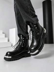 Sepatu Bot Pria Hitam Motif Buaya Timbul dengan Pelindung Jari Kaki Logam, Sol Tebal, Resleting Samping dan Desain Bertali, Sepatu Bot Motor Penambah Tinggi, Sepatu Bot Derby Retro Modis untuk Pria - Hitam - View 6