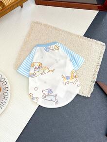 Cute Cartoon Puppy Print Dog Shirt For Small Medium Dogs Cats, Fall Colorblock Raglan Sleeve Pet T-Shirt, Soft Striped Dog Clothes, Breathable Pet Home Loungewear For Boy Girl Puppy Kitten - Blue - View 12