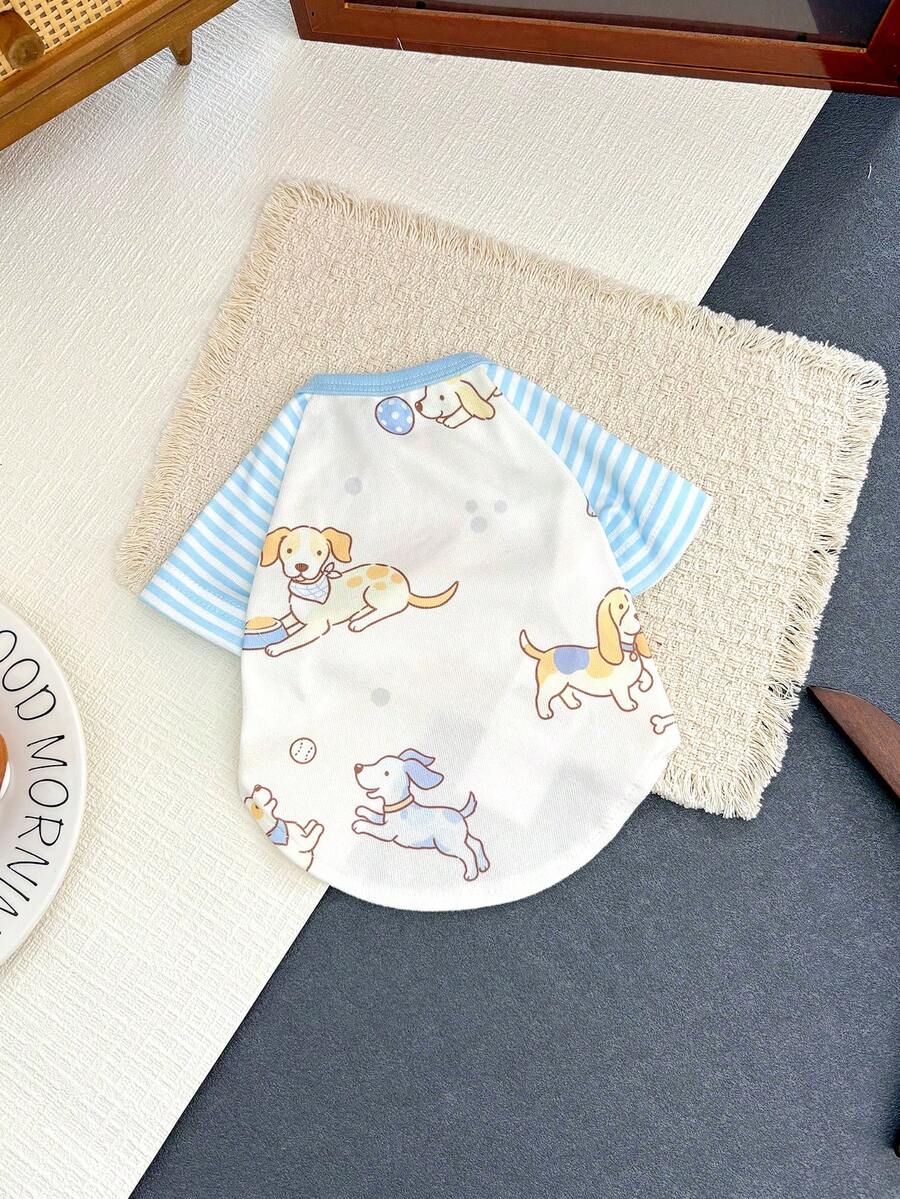 可愛卡通小狗印花狗狗襯衫，適合小型中型犬貓，秋季配色拼接插肩袖寵物T恤，柔軟條紋狗狗衣服，透氣寵物居家休閒服，適合男孩女孩小狗小貓