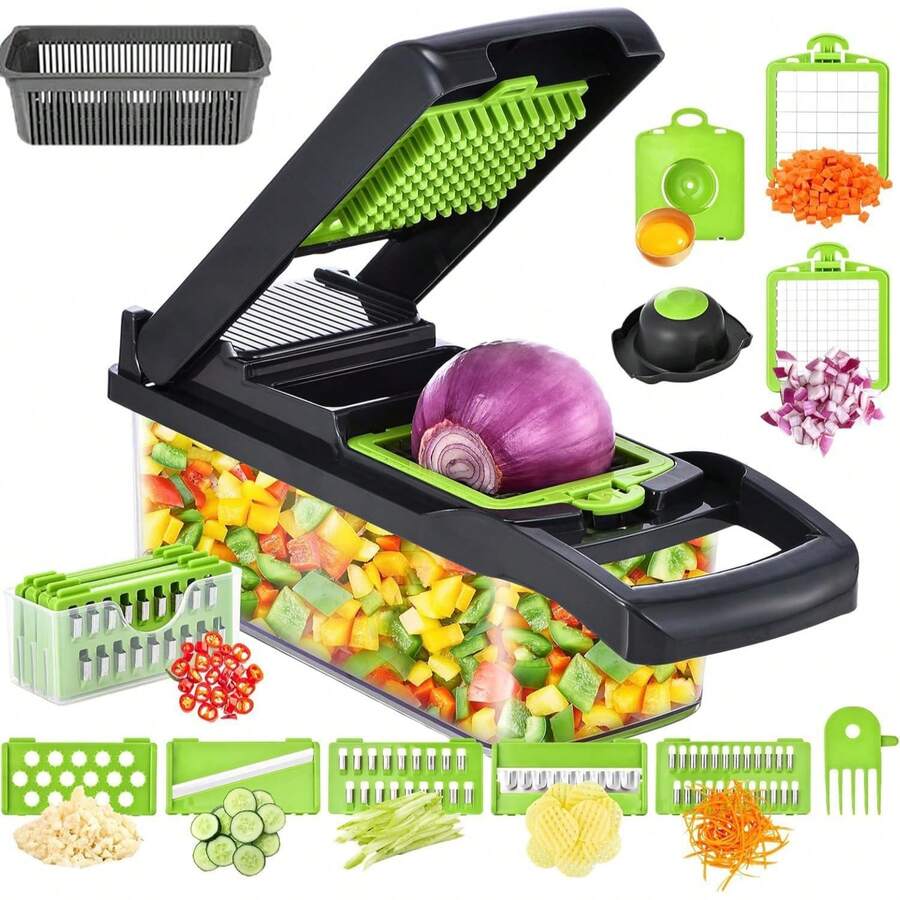 Multifunctional Vegetable Chopper, 7-In-1 Food Slicer And Dicer With Container, Hand Guard, Replaceable Blades, Kitchen Vegetable Cutter, Suitable For Onion, Carrot, Potato, Cucumber