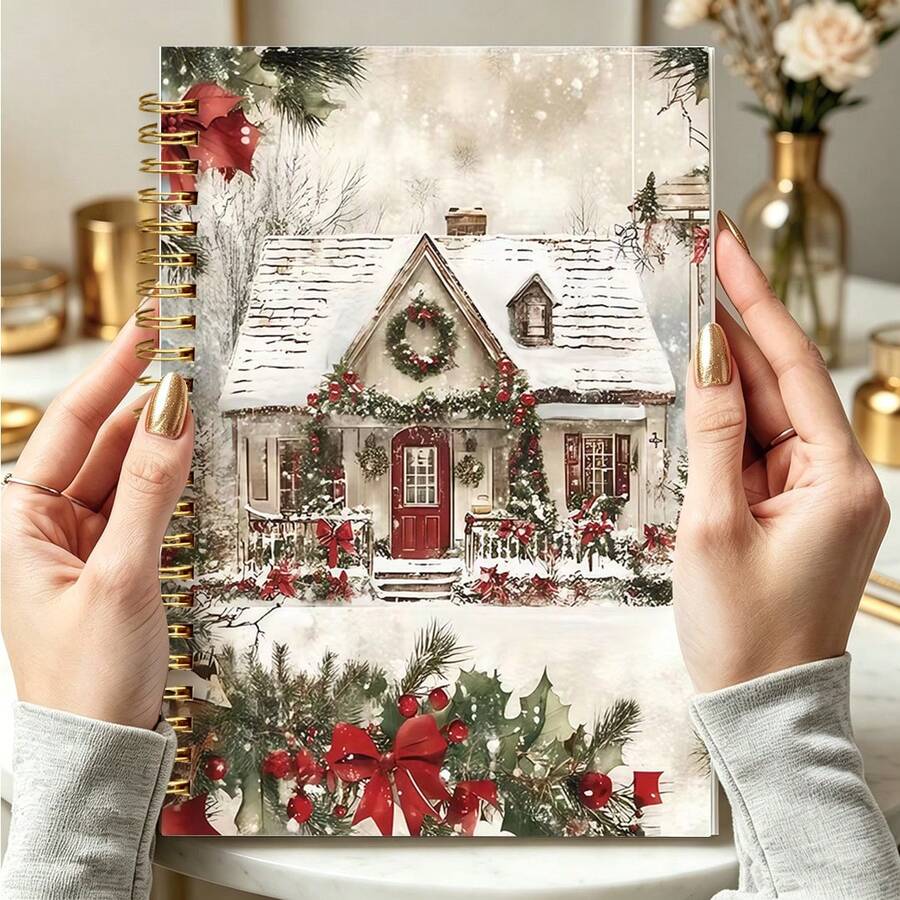 1pc 14*21cm Christmas Snow House Print Notebook, Winter Cabin Holly Bow Pattern Wirebound Journal, Xmas Holiday Themed Notepad For Daily Writing - Multicolor - View 1