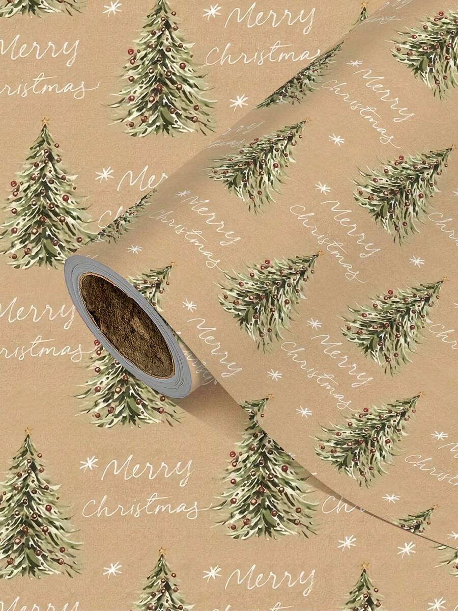 1 Roll Of Christmas Gift Wrapping Paper, Kraft Paper With Christmas Tree Pattern Design., 1 Roll Size: 43 Cm X 300 Cm,Perfect For Christmas Gift Wrapping,Decorating For Christmas Parties,Home Festive Decoration,DIY Craft,Festive Favour Wrapping - A - View 1