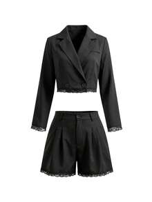 1pc Women's Solid Color Short Double-Breasted Lace Patchwork Blazer & Pleated Shorts 2 Pieces Set, Eyelash Lace Cuffs And Hems - Black - View 6