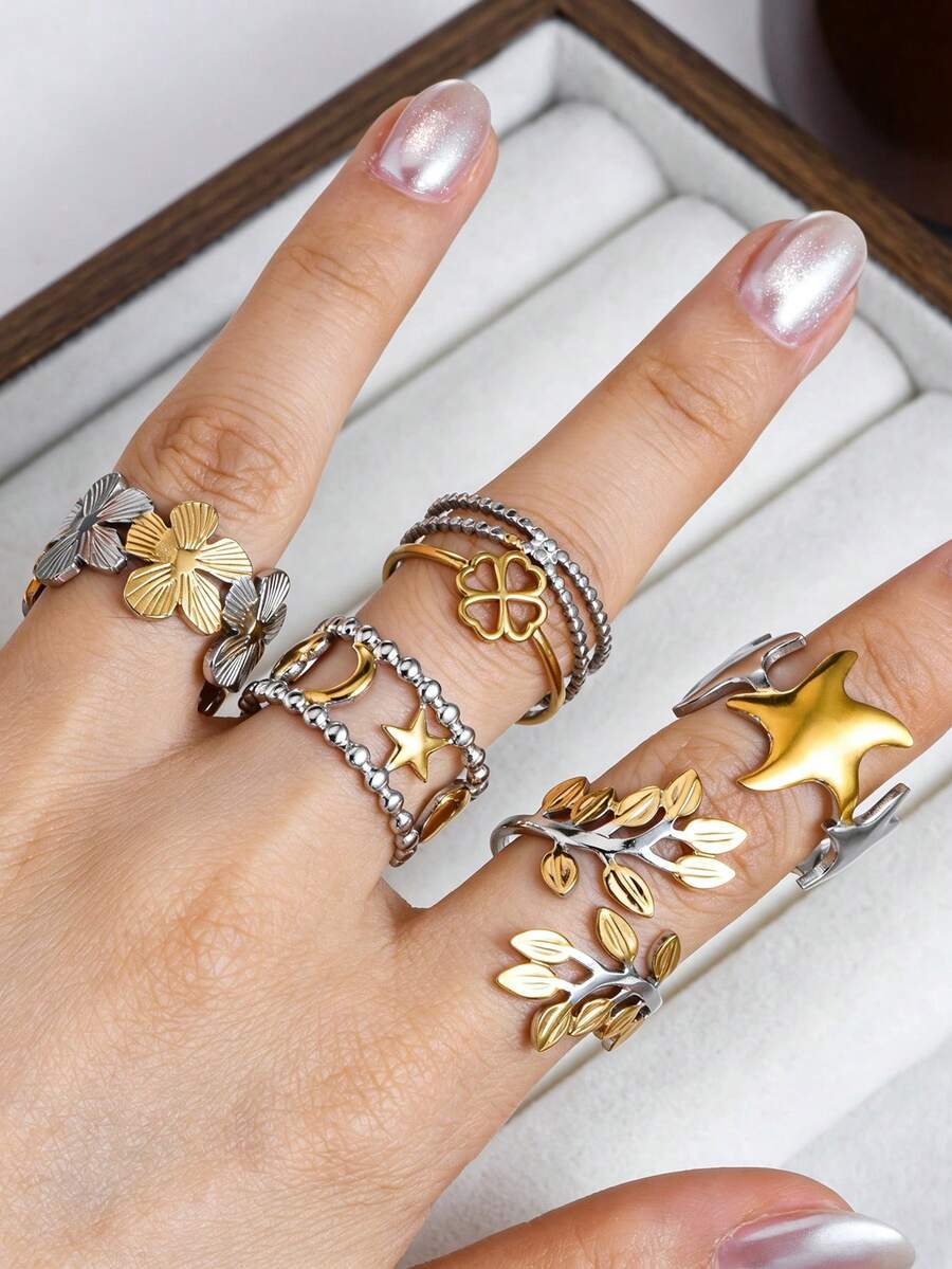 1/5pcs Color Block Stainless Steel Open Rings, Fashionable Women's Rust-Proof Rings, Durable Dual-Tone Rings, Suitable For Daily Wear - Color Block - View 1