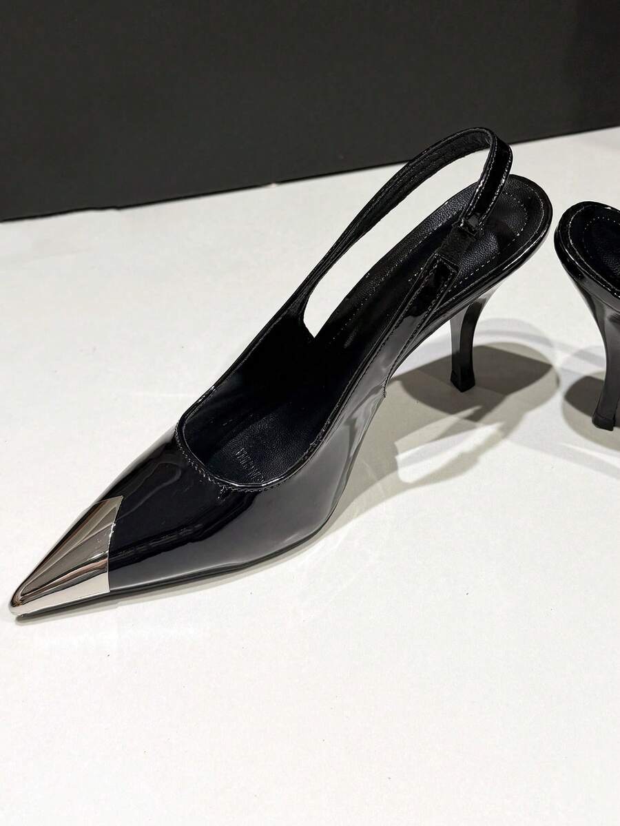 Women's Black Pointed Toe Slingback High Heel Shoes With Metal Toe Cap, Stiletto Heel, Suitable For Wedding, Date, Party - Black - View 1