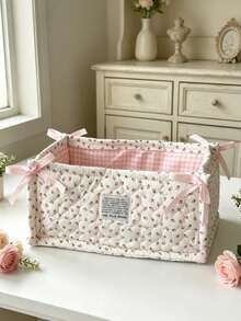 Strawberry Print Quilted Storage Basket, Bow Decor Foldable Fabric Storage Bin, Polka Dot Desktop Organizer, Home Vanity Clutter Storage Box - Multicolor - View 4