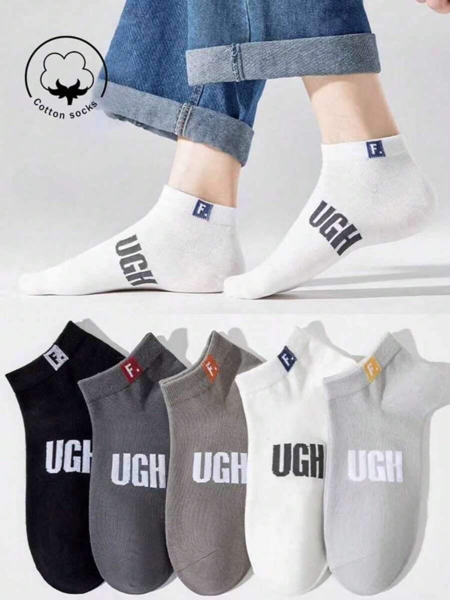 5 Pares de Meias Curtas Masculinas, Meias Invisíveis de Algodão, Cinza, Adequadas para Outono, Inverno, Primavera, Verão, Respiráveis e Absorventes de Umidade, Ideais para Esportes, Negócios, Casual e Mudanças de Estação - Multicolorido - Visão 1