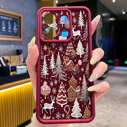 1pc Christmas Element Pattern Burgundy TPU Phone Case Compatible With Samsung Galaxy S26 Ultra/S25s24/S23/ A3X 4G/A60/A40/G20/G10/ Note 13 Pro+/ Smart 8/IPhone17Promax/16promax Phone Case Series Models
