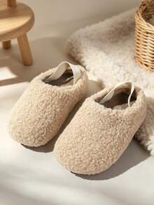 1 Pair Unisex Kids Solid Color Teddy Curly Fleece Slip-On Fuzzy Shoes With Elastic Heel, Soft Sole, Minimalist Retro Design, Cozy Comfortable Indoor Slippers For 3-15 Years Old Students, Autumn/Winter - Beige - View 1