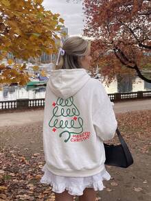 Sweatshirt Wanita Motif Pohon Natal, Sweatshirt Lengan Panjang dengan Kantong, Gaya Jalanan, Lapisan Hangat, Musim Gugur/Dingin - Putih - View 4