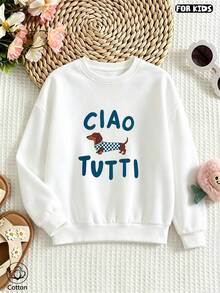 هودي كاجوال لطيف للأطفال، مطبوع عليه عبارة "Ciao Tutti" ونمط كلب كرتوني، مناسب للارتداء اليومي في الربيع والخريف - أبيض - مشاهدة 2