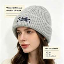Women Embroidery Chunky Ribbed Knit Beanie Hat, Oversized Big Head Friendly Fluffy Fold Cuff Winter Warm Casual Fall Accessory - Chillen Embroidered Fashionable Korean Style Knit Hat - View 4