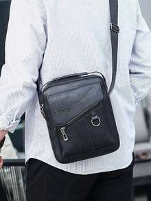 Men Black Leather Messenger Sling Bag, Adjustable Strap Multiple Compartment Cross Body Bag - Black - View 2