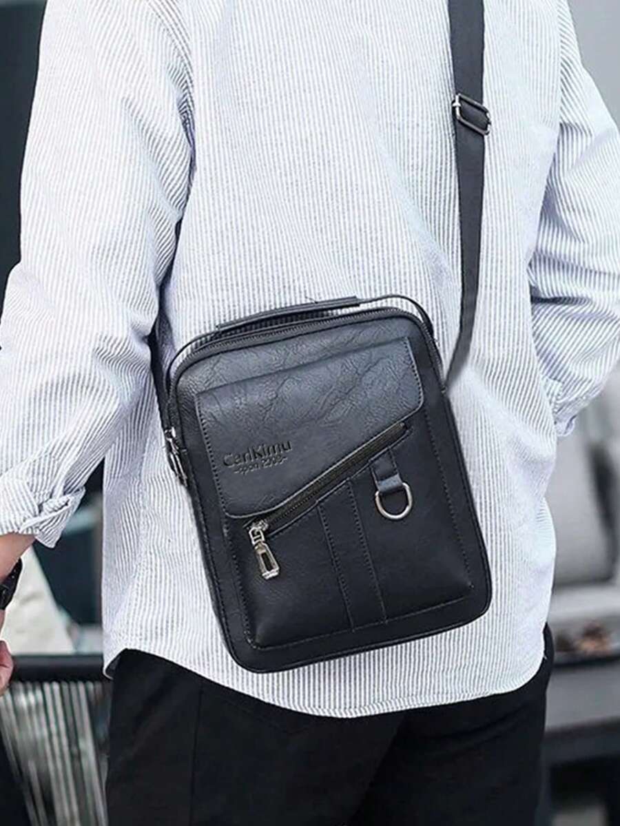 Men Black Leather Messenger Sling Bag, Adjustable Strap Multiple Compartment Cross Body Bag