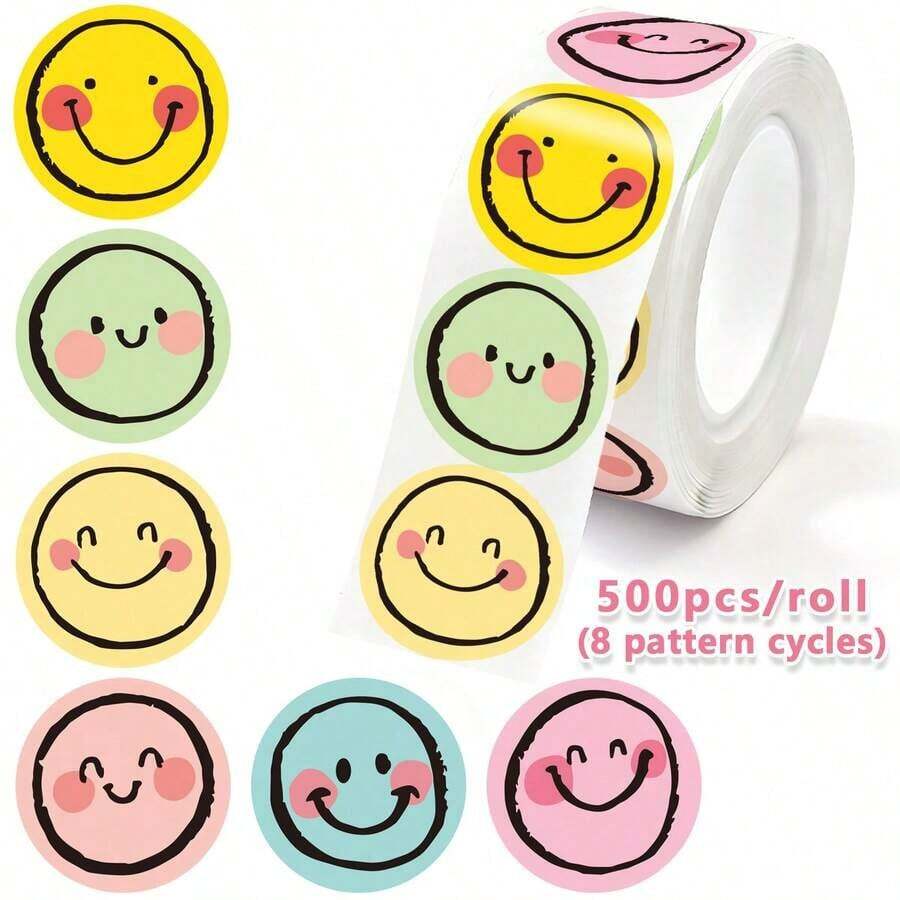 500pcs/Roll Smiling Face Labels, Colorful Smiling Face Labels, Holiday Teacher Reward Decorative Stickers, Inspirational Stickers, Happy Smiling Face Handmade Sealing Stickers, Gift Self-Adhesive Sealing Stickers, PVC Waterproof Stickers - Multi-color - View 1