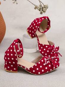 A Pair Of Kids' Polka-Dot Block-Heel Pumps, Cute Polka-Dot Flats, Pointed-Toe Bow Ankle Strap Low-Heel Shoes, Suitable For Parties And Daily Outfits - Red - View 2