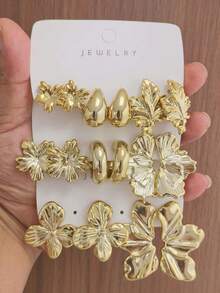 4/16PCS Fashionable Elegant Floral Geometric Multi-Element Gold Metallic Earring Set, Women's Fashion Earring Set (Lightweight CCB Material, Non-Fading) - Gold - View 6