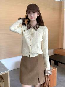 Women's 2-In-1 Knit Cardigan Sweater, Spring Outfit, Colorblock Plaid Polo Collar, Preppy Style Top - Apricot - View 4