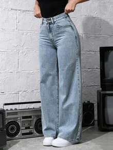 Teen Girl Pocket Button Fashion Casual Versatile Straight Leg Denim Jeans - Medium Wash - View 1