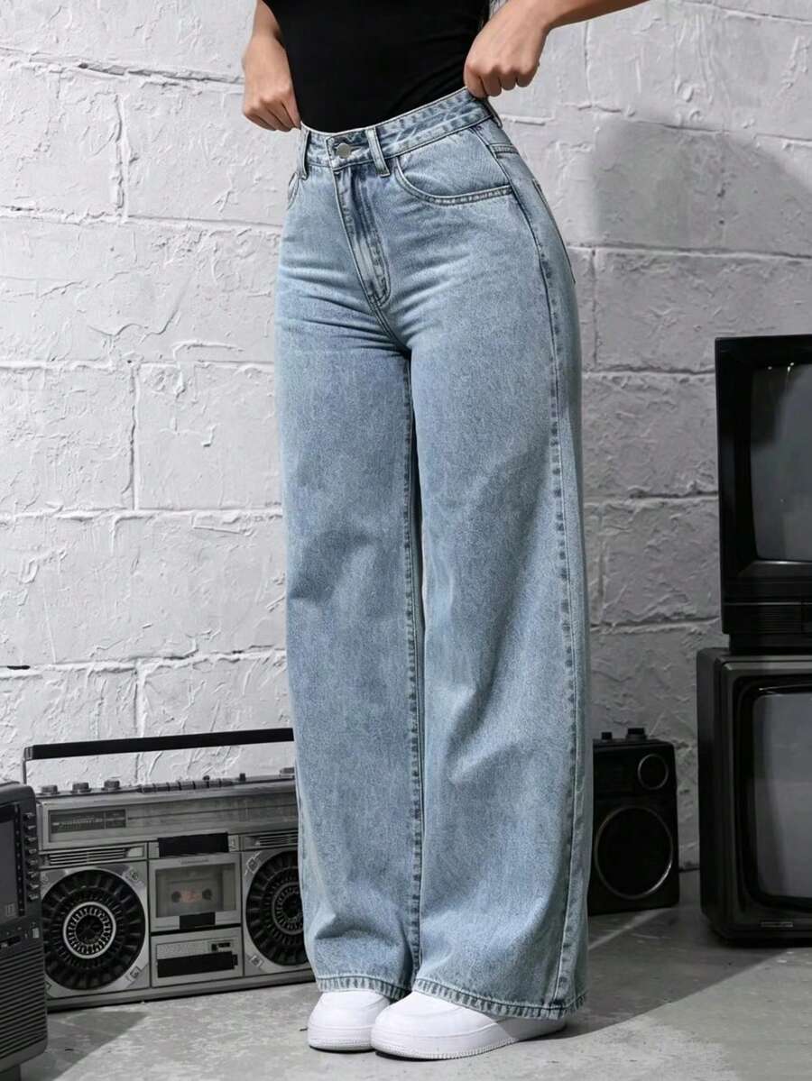 Teen Girl Pocket Button Fashion Casual Versatile Straight Leg Denim Jeans - Medium Wash - View 1