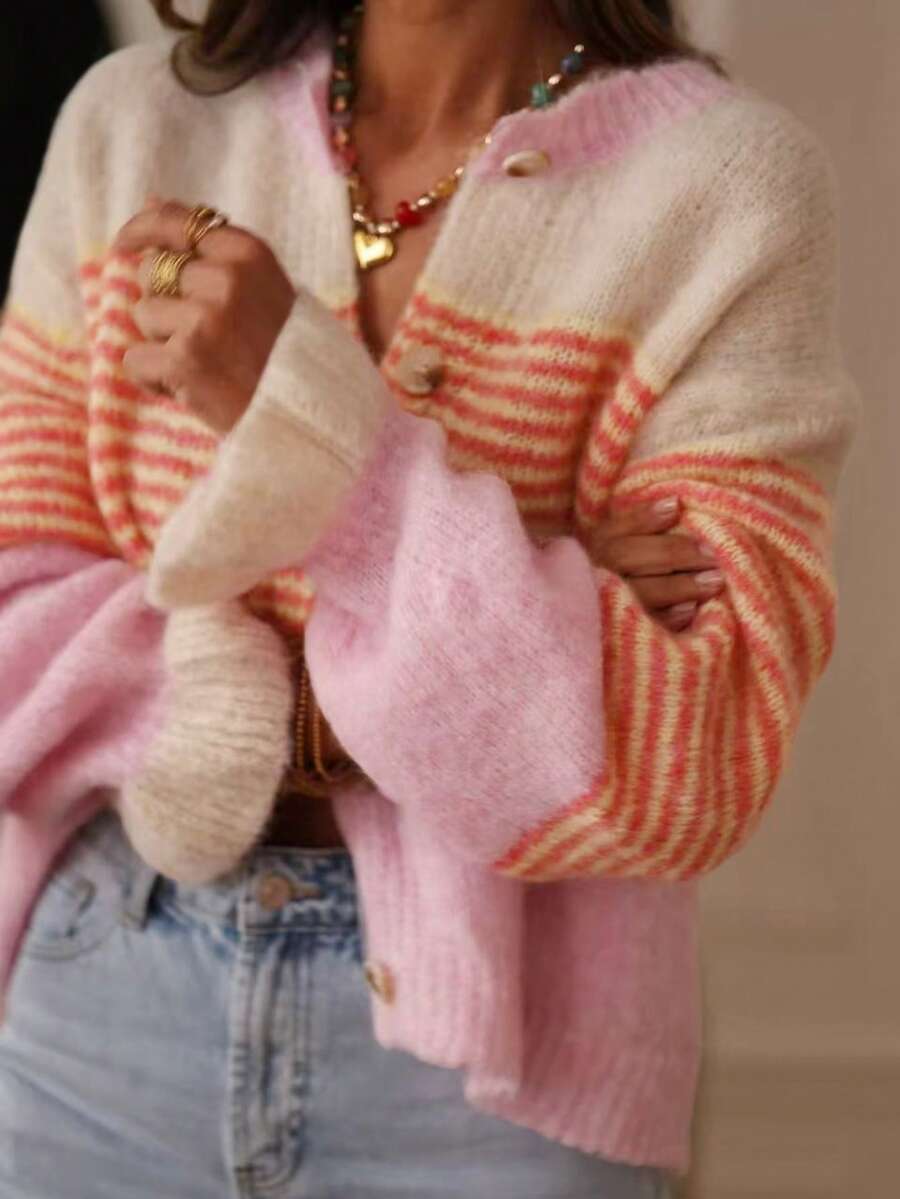 Women's Plus Size Striped Knit Button Front Cardigan Sweater, Long Sleeve Top With Frill Trim, Elegant Casual For Vacation And Daily Wear, Spring Autumn Winter - Pink - View 1