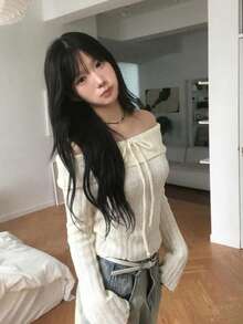 Women's Casual Solid Color Off Shoulder Long Sleeve Sweater - Apricot - View 1