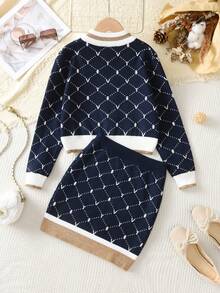 2pcs Set: 1pc Elegant Colorblock Striped Letter Sweater With Faux Pockets Knit Cardigan And 1pc Colorblock Letter Knit Skirt, Suitable For Daily Wear, Vacation, Spring, Autumn, Winter - Navy Blue - View 2