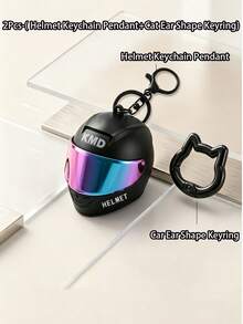 2pcs/Set - Cool Motorcycle Helmet Keychain Pendant With Spare Cat Ear Key Ring Clip, Gradient Lens Helmet Key Chain Motorcycle Bag Charm Bag Accessory, Wallet Charm, Mini Motorcycle Helmet Key Chain Bag Charm, Flip Cover Motorcycle Helmet Rider Keychain Key Ring, Unisex Rider Backpack Car Accessory - Multicolor - View 3