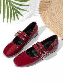 Women's Flat Mary Jane Ballet Shoes With Double Straps And Metal Detail - Burgundy - View 7