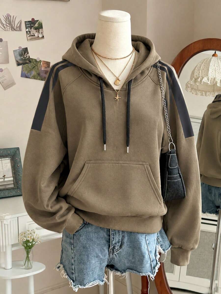 Women's Khaki Contrast Panel Hoodie, Relaxed Pullover Sweatshirt With Kangaroo Pocket, Casual Streetwear - Coffee Brown - View 1