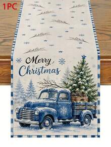 Christmas Table Runner Blue And White Striped Border Watercolor Vintage Blue Truck Snowy Pine Tree Pine Cone Wooden Box Pattern Merry Christmas Lettering Rustic Farmhouse Winter Wonderland Holiday Dining Table Decor Kitchen Party Home Indoor - Multicolor - View 12
