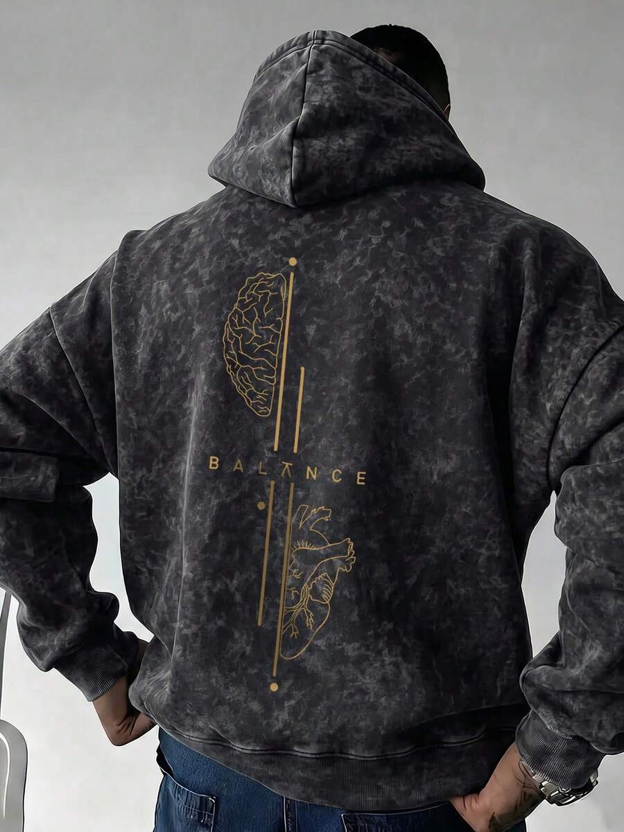 Men's Washed Distressed Hoodie With BALANCE Brain & Heart Print, Kangaroo Pocket And Drawstring Hood - Dark Grey - View 1