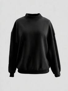 Women's Loose Oversized Long Solid Color Small Stand Collar Sweatshirt, Suitable For Winter And Spring, Wardrobe Essential, Daily Wear, Office Casual - Black - View 6