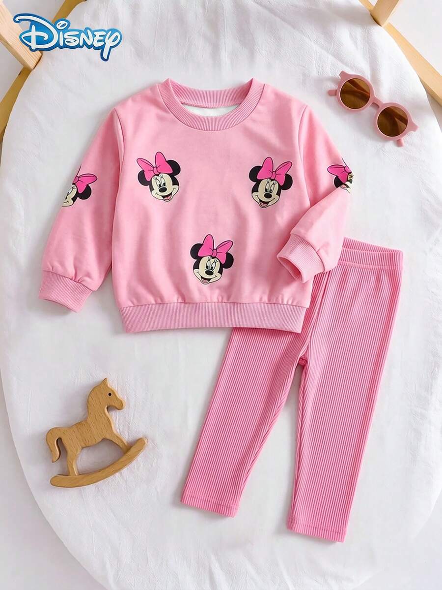 Disney Officially Licensed Baby Girls Sweatshirt Set, Spring/Autumn, Pink Color Block Sweet Cartoon Style, Round Neck All-Over Minnie Print Sweatshirt With Vertical Ribbed Slim Fit Long Pants, 2 Pieces Outfit For Toddlers Under 3 Years Old, Casual Daily Wear, Travel, Vacation, Party, Versatile - Baby Pink - View 1