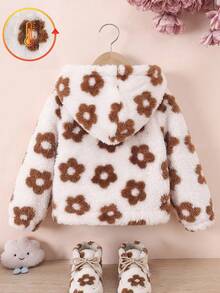 Infant Girls Sweet Cute Floral Print Double-Sided Fleece Long Sleeve Thick Hooded Zipper Jacket With Matching Mini Crossbody Bag, Winter - White - View 8