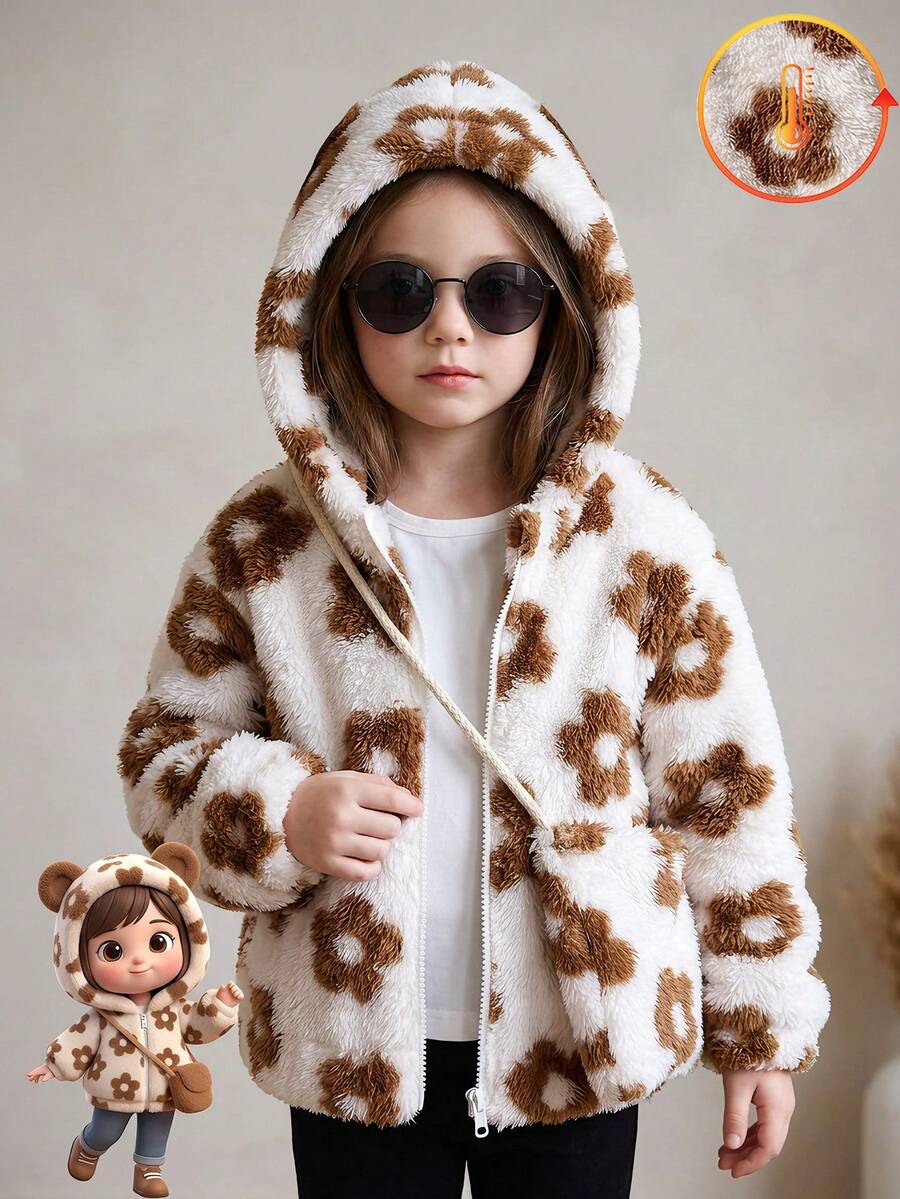 Infant Girls Sweet Cute Floral Print Double-Sided Fleece Long Sleeve Thick Hooded Zipper Jacket With Matching Mini Crossbody Bag, Winter - White - View 1