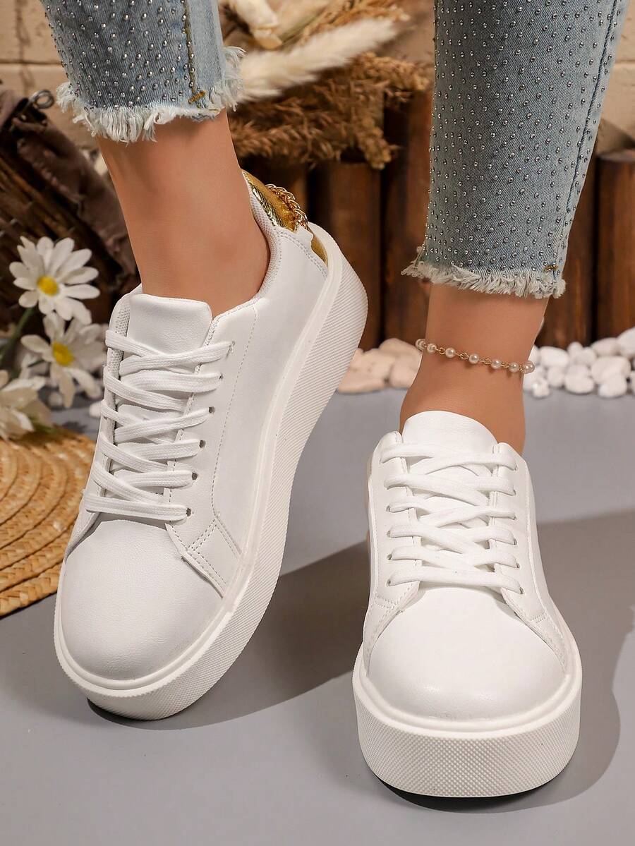 Minimalist Thick Sole White Sneakers Women's Spring Summer New Casual Shoes - White - View 1