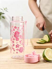 Garrafa De Água Com Padrão De Flor Rosa De 500ml, Copo De Água De Plástico Simples E Transparente, 1 Unidade - Rosa chiclete - Visão 7