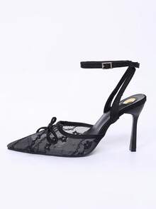 Women's Black Lace Mesh Pointed Toe Ankle Strap High Heel Pumps With Bow, Stiletto Heel Dress Shoes For Graduation, Prom, Wedding Guest, Dating - Black - View 1