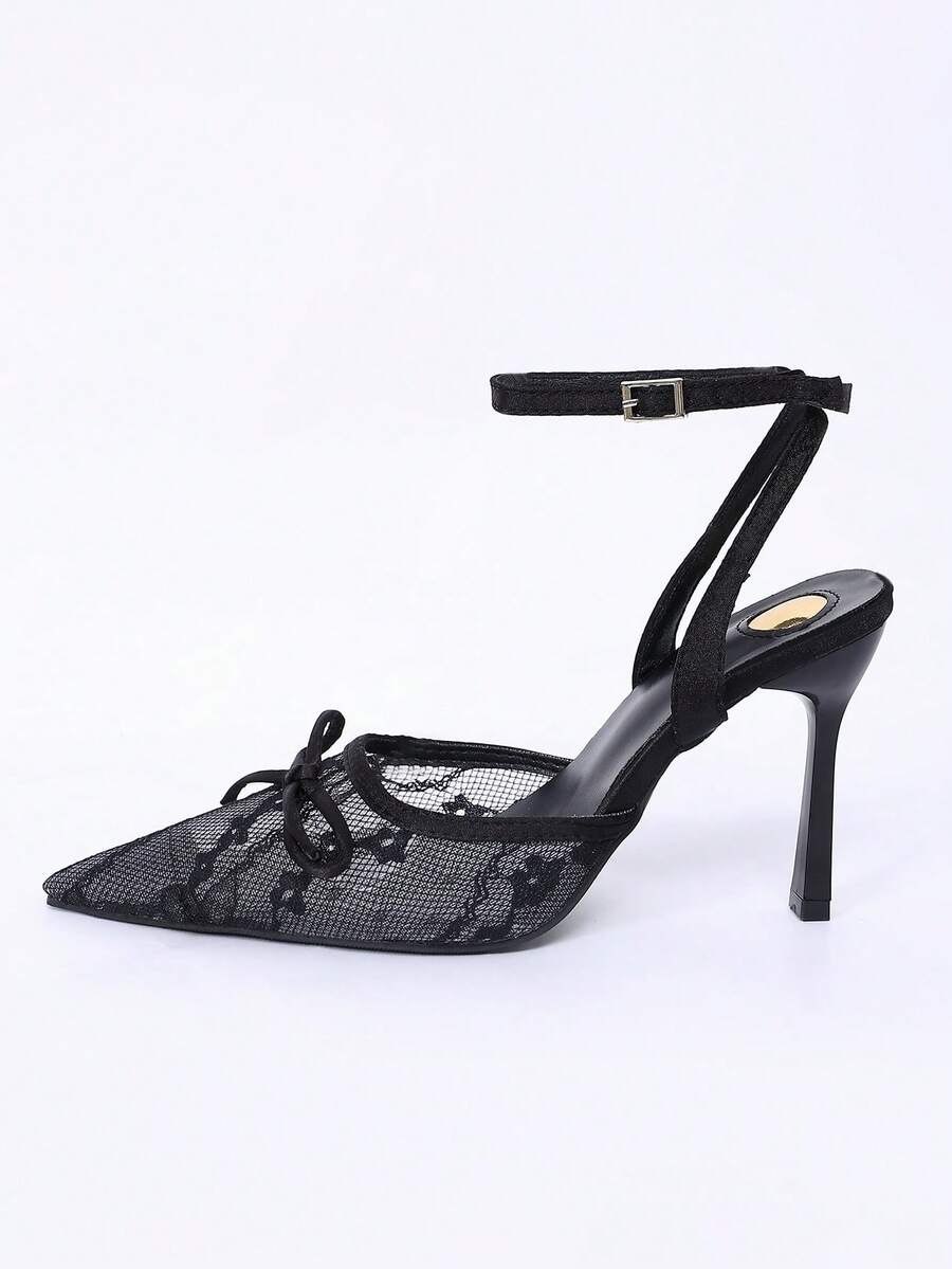 Women's Black Lace Mesh Pointed Toe Ankle Strap High Heel Pumps With Bow, Stiletto Heel Dress Shoes For Graduation, Prom, Wedding Guest, Dating - Black - View 1