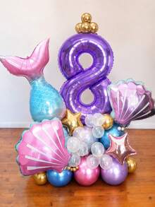 46件組美人魚主題生日氣球套裝，魚尾與貝殼造型 40英吋紫色 0-9數字鋁箔氣球，主題派對場景裝飾 - 彩色 - 查看 11