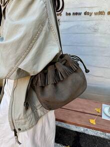 Autumn/Winter New Fashion Ruched Faux Suede Bucket Bag Mini Phone Bag Small Square Bag Commuter Style Women's Bag With Tassel - Dark Green - View 1