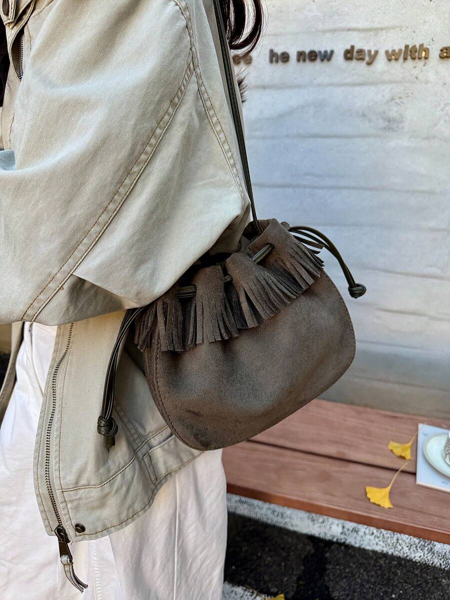Autumn/Winter New Fashion Ruched Faux Suede Bucket Bag Mini Phone Bag Small Square Bag Commuter Style Women's Bag With Tassel - Dark Green - View 1