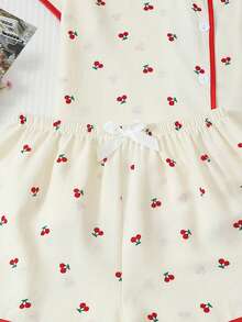 2pcs Women's Comfortable Red Cherry Print Short Sleeve Collared Top And Bow Shorts Pajama Set - Apricot - View 6