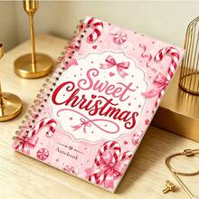 DANPERJI 1pc 14*21cm Pink Candy Cane "Sweet Christmas" Wirebound Notebook, Coquette Bow Peppermint Print Journal, Aesthetic Xmas Holiday Writing Notepad - Multicolor - View 3